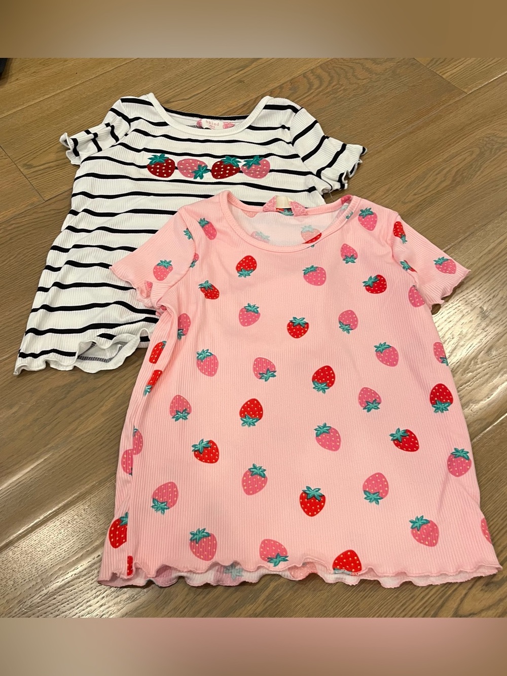 NWOT bkind Set of 2 Girls Pink Strawberry Tee & Black Stripe Strawberry Top